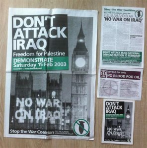 "Not in my name" - leaflets handed out during the anti-war protests